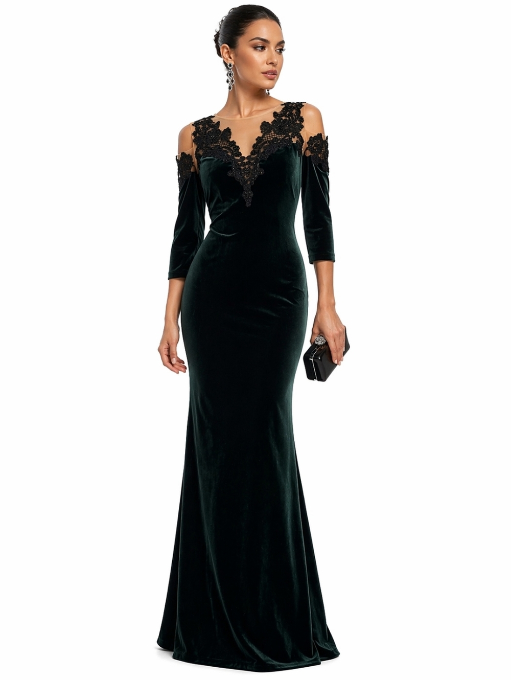 NWT $1095 Marchesa Notte Emerald Velvet Lace Cold Shoulder Gown Size 6